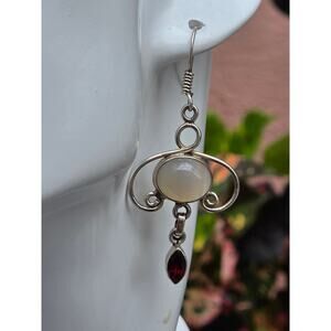 Vintage Sterling Silver Moonstone and Garnet Dangle Earrings on French Wires